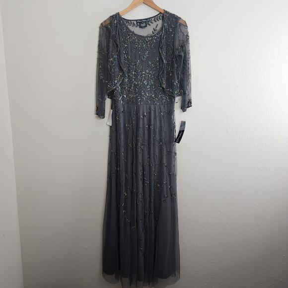 NWT Pisarro Nights Beaded Sequin Mesh Gown with Matching Jacket - Grey (Size 10) - Picture 8 of 16